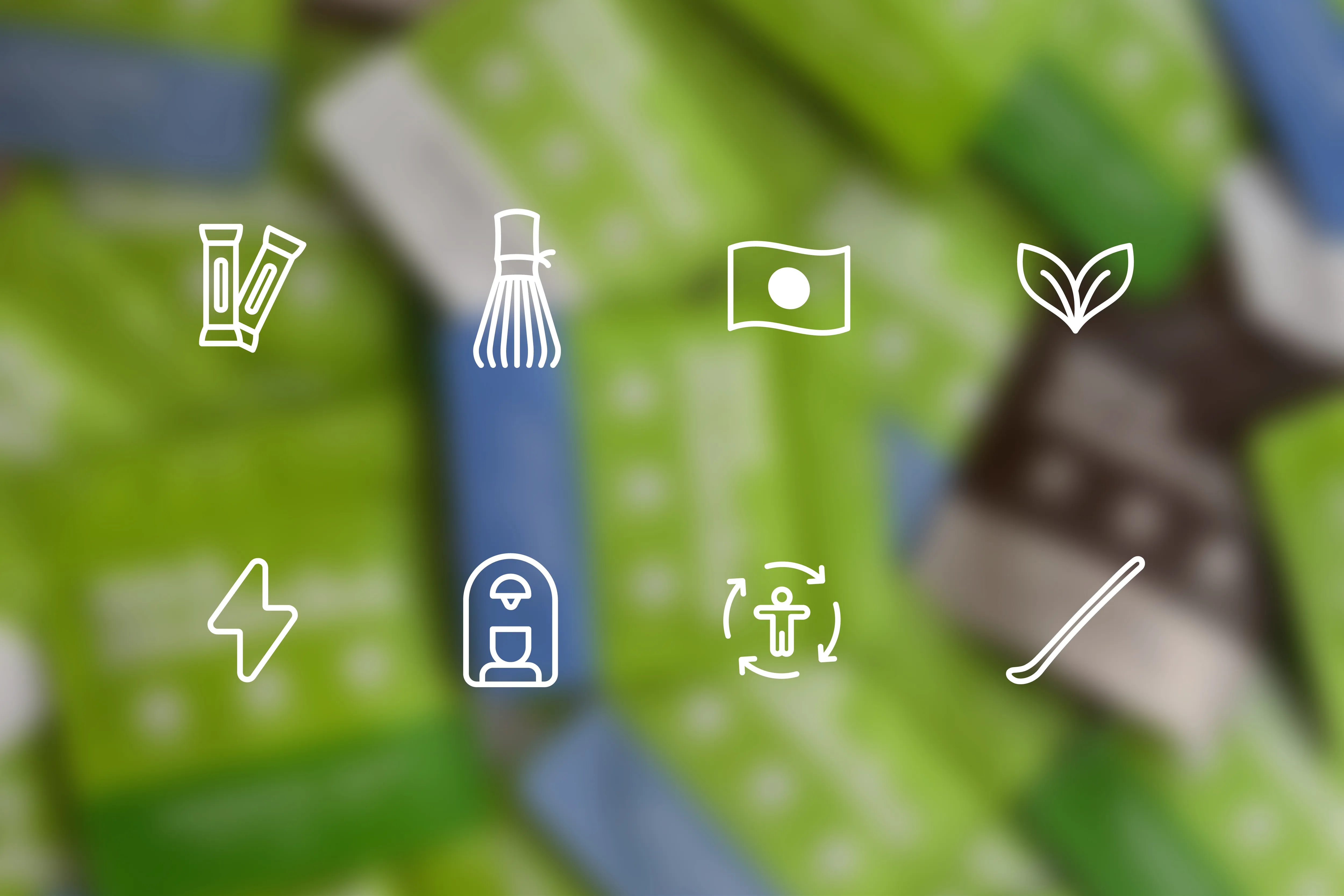 Asa Matcha line icons for matcha sticks, whisk, leaf and energy over blurred pouches