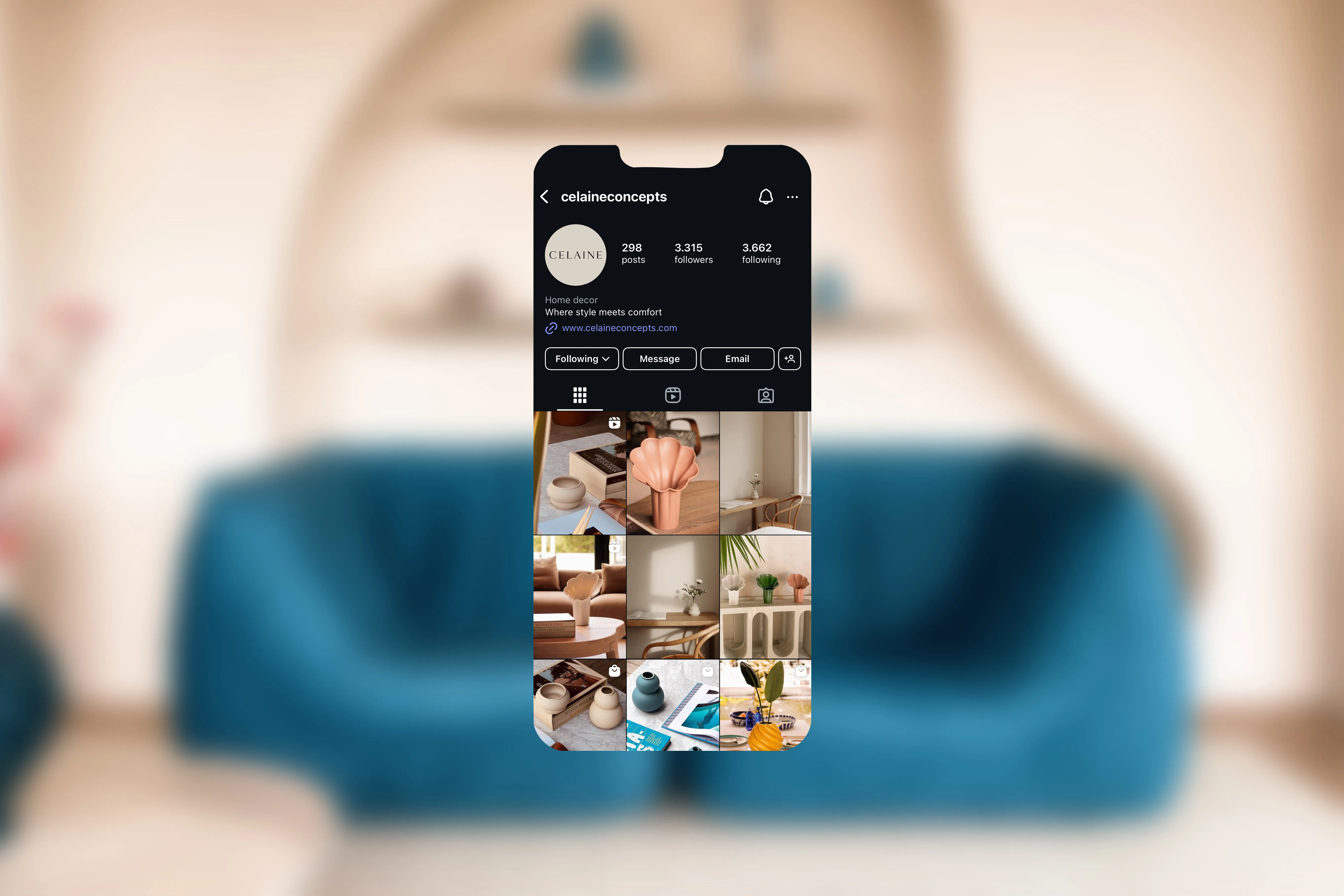 Celaine Concepts Instagram profile on a phone, with a grid of interior photos