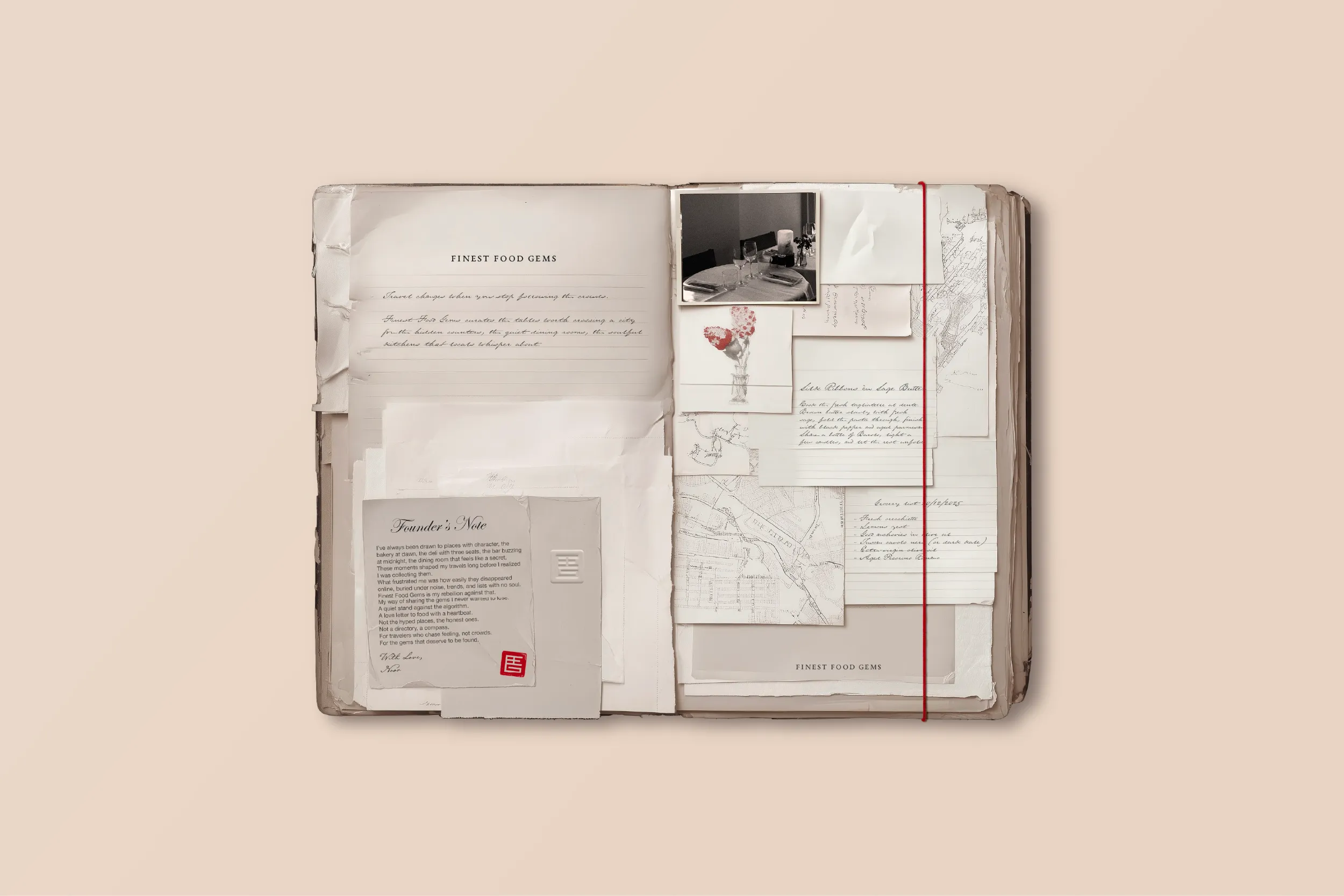 Open Finest Food Gems journal layered with handwritten notes, a map, a photo and a founder’s note