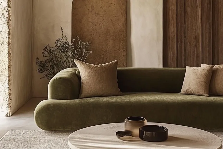 Olive velvet sofa with linen cushions and a round stone coffee table