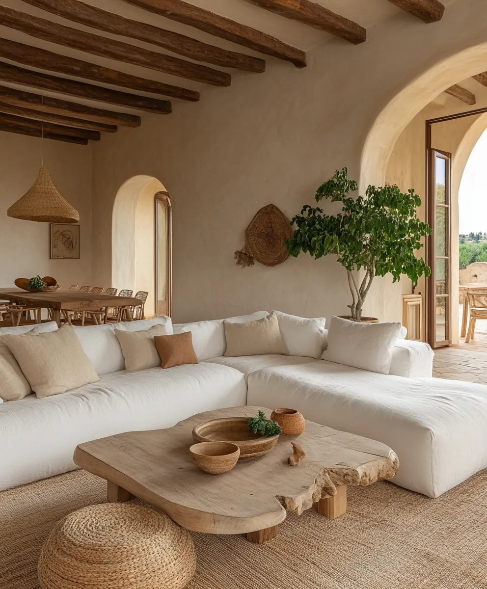Sunlit living room with a white sectional sofa, wooden beams and an arched doorway