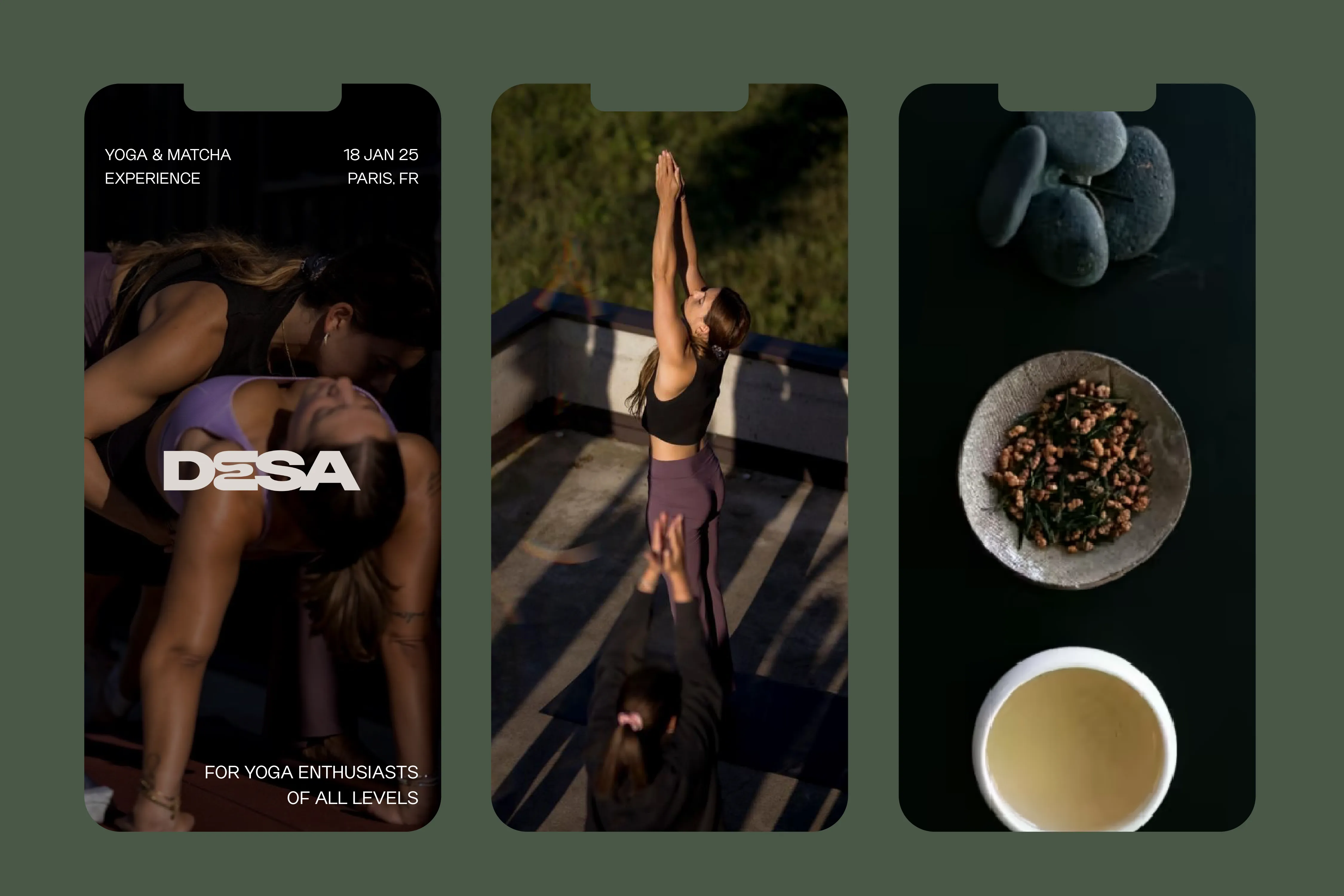 Three phone screens with Desa Instagram stories for the Paris yoga and matcha experience